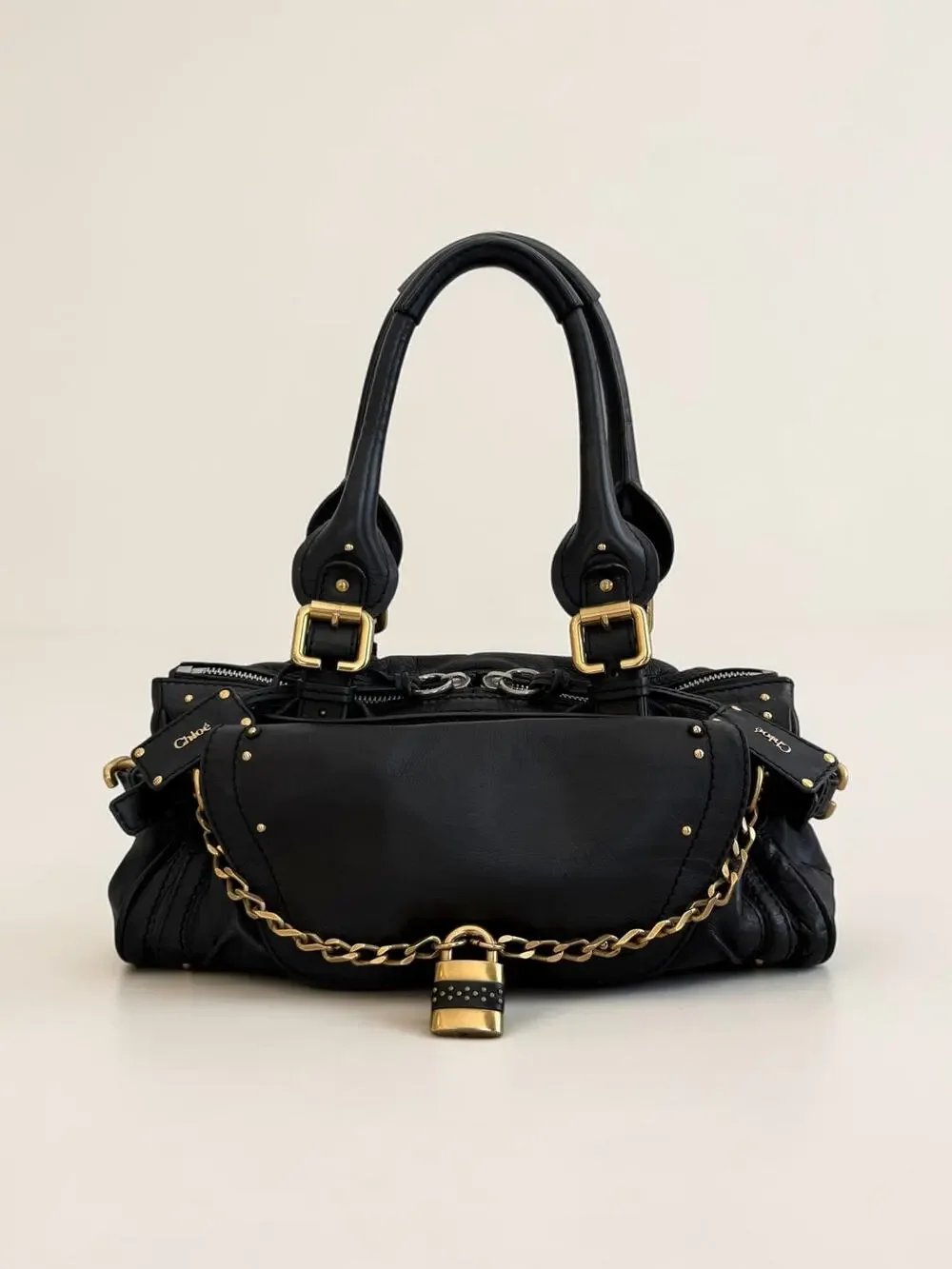 Black Chloé Paddington Bag Rare Vintage Rock n' Roll Stud Chain Padlock